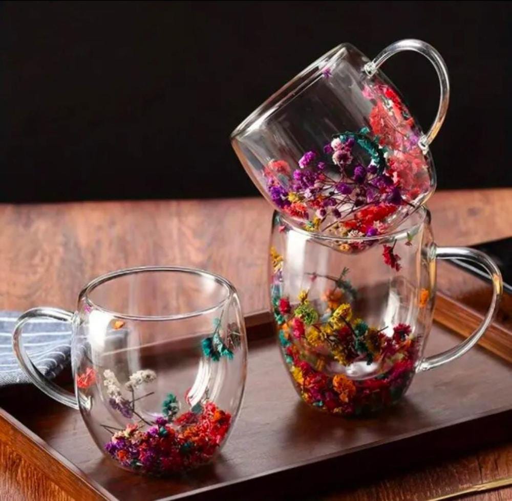 Double Glass Artificial Flowers Transparent Coffee Mug