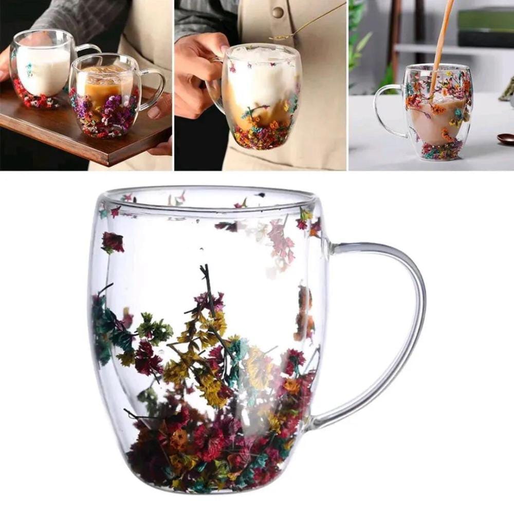 Double Glass Artificial Flowers Transparent Coffee Mug